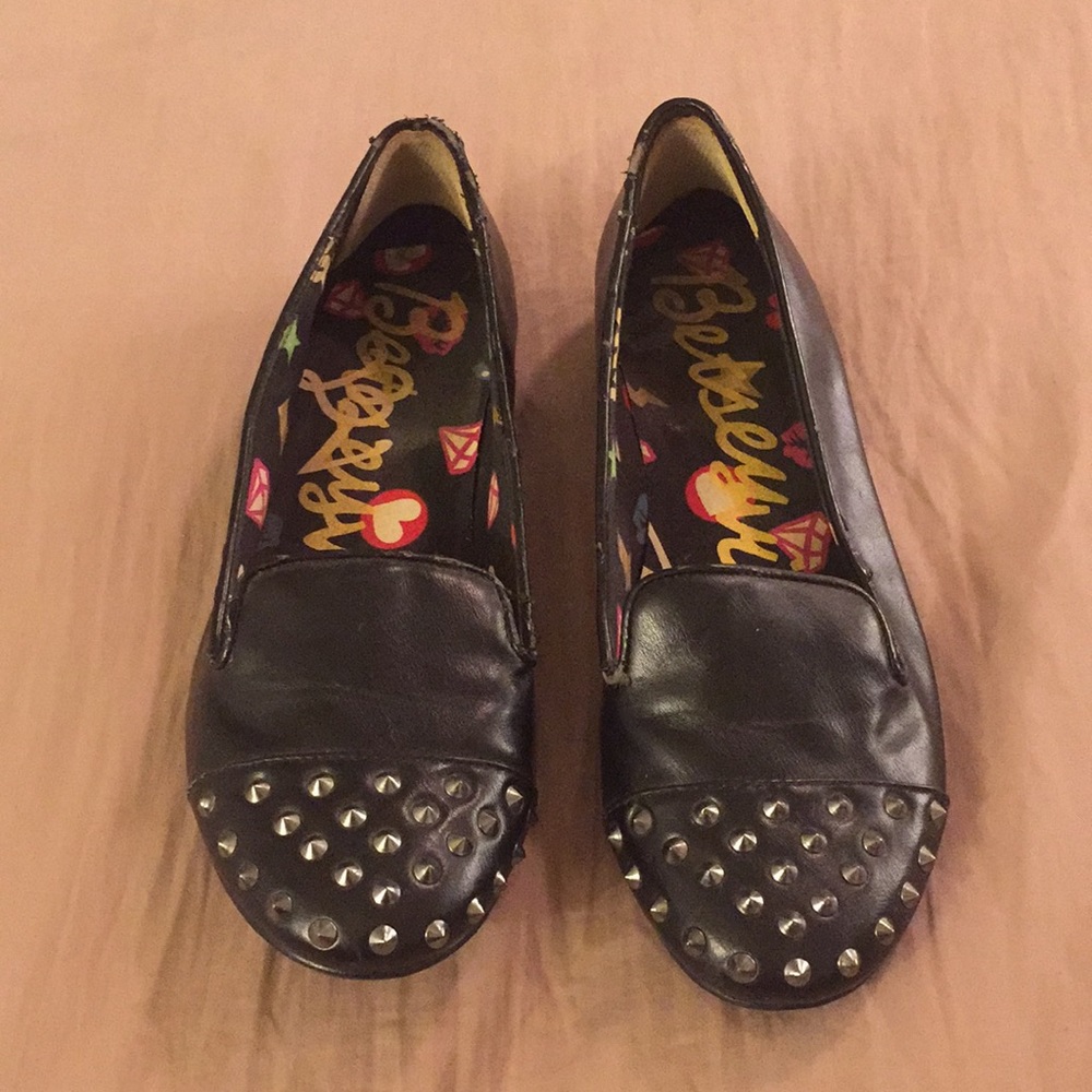 Betseyville Silver studded black loafer flats
